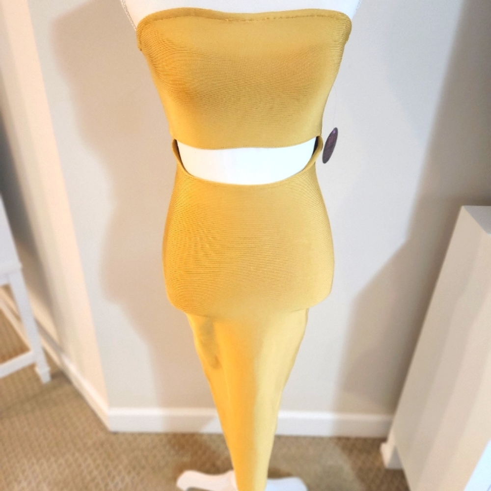 Yellow gold midi bandage dress with cut out.